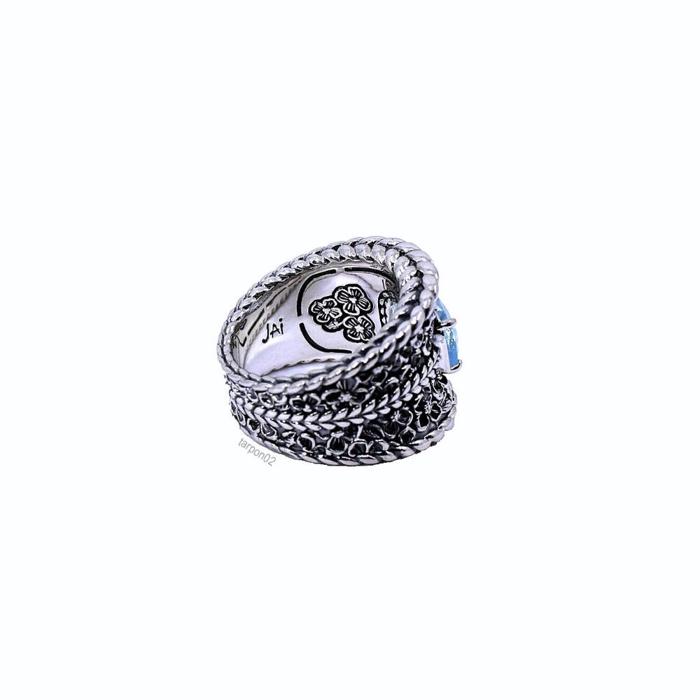 John Hardy JAI Blue Topaz+Floral Textured Saddle Band Sterling Silver Ring-7 NIB - Picture 6 of 15